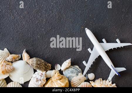 Summer travel concept. Decorative airplane and different seashells on dark concrete background. Top view, flat lay. Copy Space. Mock up. Stock Photo