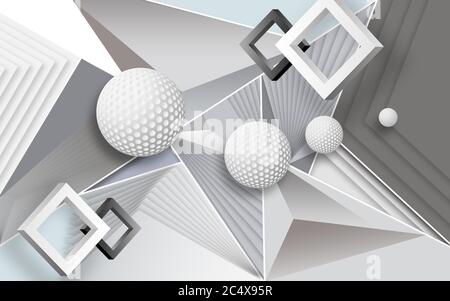 3d mural wallpaper with gray background and black dandelion , squares , circles and tree modern simple background Stock Photo