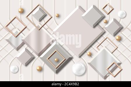 3d mural wallpaper with gray background and black dandelion , squares , circles and tree modern simple background Stock Photo