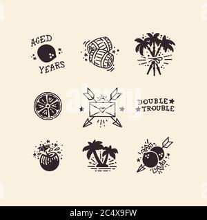 A sheet with flash tattoos or icons done in authentic old school technique, featuring caribbean vibes and objects like coconut, rum barrels, palm tree Stock Vector