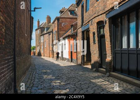 Kings Lynn historic buildings, view along King's Staithe Lane towards the historic old town waterfront area of King's Lynn, Norfolk, UK. Stock Photo