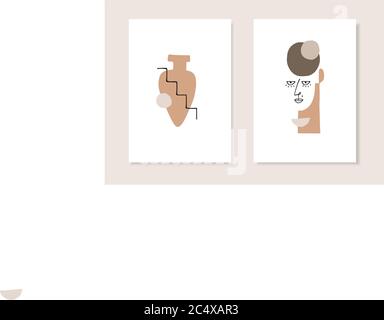 Vector set of artistic templates, invitations. Illustrations of female portrait and vase silhouette in minimal linear style. Modern cubism art with Stock Vector