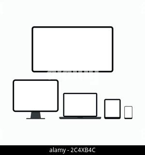 Computer desktop, laptop, tablet pc, smartphone or mobile phone, tv monitor icon set isolated on white background. Stock Vector
