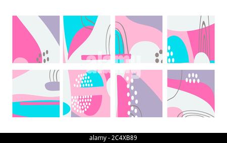 Set of fun hand drawn colorful shapes, doodle objects, lines and dots collage, modern trendy abstract pattern background for design banners. Blue pink Stock Vector