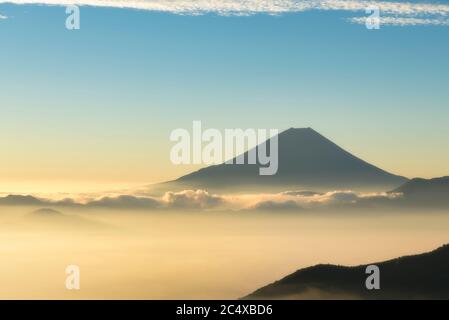 Mt. Fuji over a Sea of Clouds in the Early Morning Stock Photo