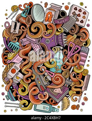 Hair salon hand drawn vector doodles illustration. Hairstyle poster design. Stock Vector