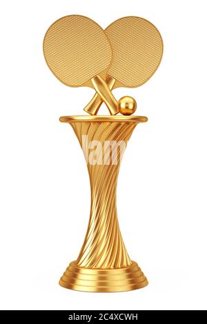 Tennis Award Concept. Golden Award Trophy Ping-pong Tennis rackets and Ball on a white background. 3d Rendering. Stock Photo