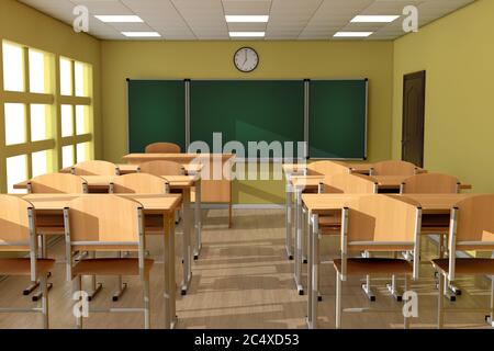 Chalkboard with Rows of Wooden Lecture School or College Desk Tables in Modern Classroom extreme closeup. 3d Rendering Stock Photo