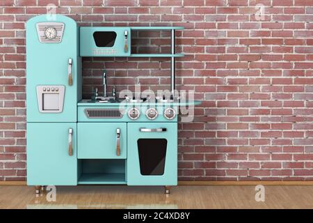 Blue Vintage Toy Kitchen in front of brick wall. 3d Rendering Stock Photo