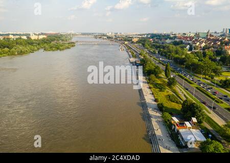 Aerial view of high water level in Vistula river near Warsaw, Poland. View on river boulevards, a popular place among Warsaw residents to spend their Stock Photo