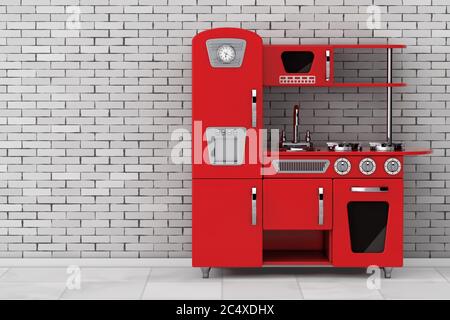 Red Vintage Toy Kitchen in front of brick wall. 3d Rendering Stock Photo