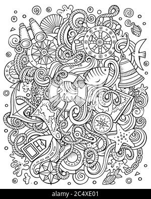 Nautical hand drawn vector doodles funny illustration. Stock Vector