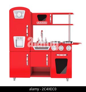 Red Vintage Toy Kitchen on a white background. 3d Rendering Stock Photo