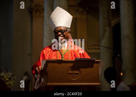 Archbishop Jude Thaddeus Okolo, Apostolic Nuncio to Ireland, after Bishop-elect Martin Hayes was appointed as Bishop of Kilmore, at the Cathedral of Saint Patrick and Saint Felim, Cavan. The appointment by Pope Francis was announced as places of worship across Ireland were able to welcome back some members of their congregations for services. Stock Photo