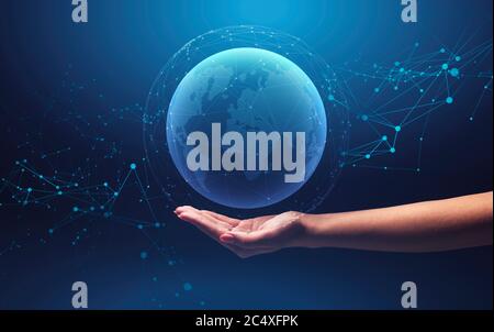 International connections and technologies. Collage of woman holding planet with mesh network around it Stock Photo