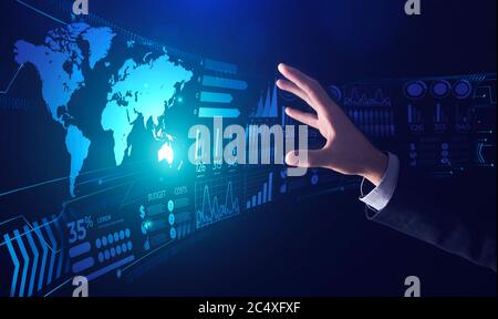 Business and technologies. Collage of male hand touching virtual screen with economic data, blue background Stock Photo
