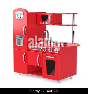 Red Vintage Toy Kitchen on a white background. 3d Rendering Stock Photo