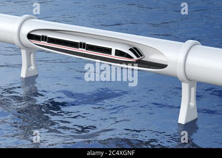 Super High Speed Futuristic  Magnetic Levitation Train Moving in a Vacuum Tunnel standing in blue sea. 3d Rendering Stock Photo