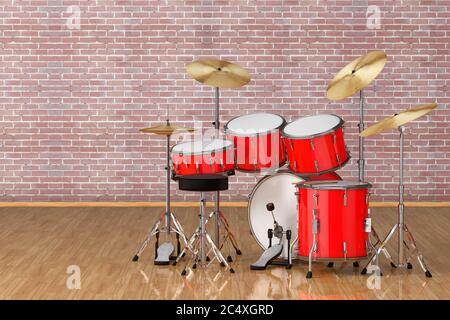 Professional Rock Red Drum Kit in front of brick wall. 3d Rendering Stock Photo