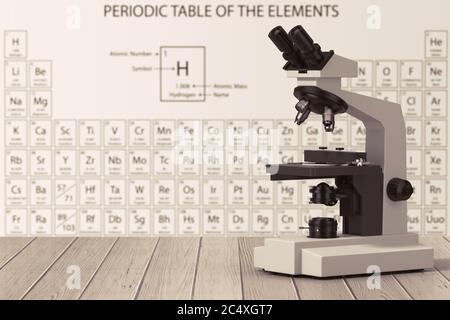 Modern Laboratory Microscope in front of Periodic Table of Elements on a wooden table. 3d Rendering Stock Photo