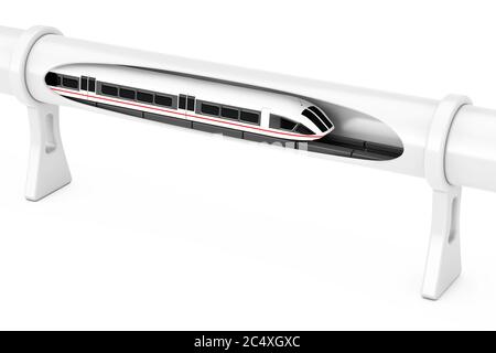 Super High Speed Futuristic  Magnetic Levitation Train Moving in a Vacuum Tunnel on a white background. 3d Rendering Stock Photo