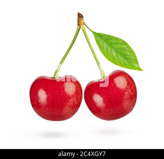 Two sweet cherries with green leaf isolated on a white background. Clipping path Stock Photo