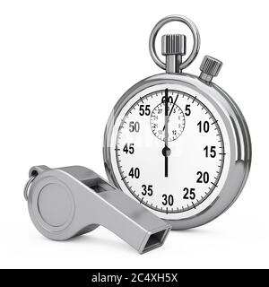 Classic Metal Coaches Whistle near Chrome Stopwatch on a white background. 3d Rendering Stock Photo