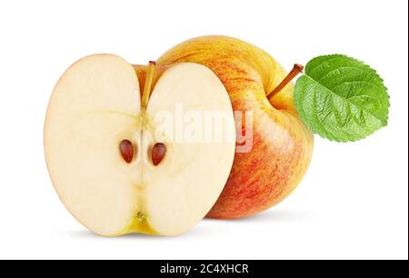 Gala red apple whole and half with green leaf isolated on white background. Clipping path Stock Photo