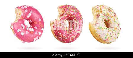 Bitten donuts set isolated on white background with clipping path. Stock Photo