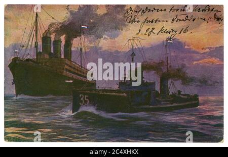 German historical postcard: A torpedo boat captures a Russian auxiliary cruiser (armed steamer) in the Gulf of Finland, Imperial German Navy, 1916 Stock Photo