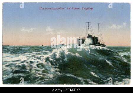 German historical colorized photo postcard: Torpedo boat No. 110 on a high wave in the open sea, Imperial German Navy, world war one 1914-1918. Stock Photo