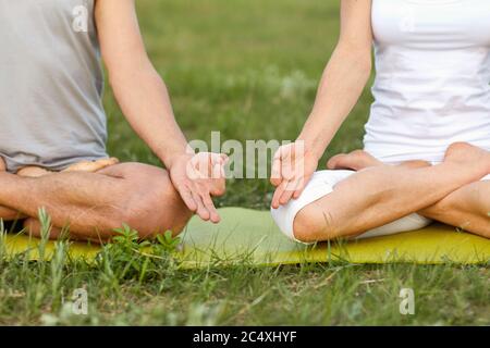 Closeup of couple doing yoga or meditating on grass outdoor. Man and woman in lotus pose making mudras with hands Stock Photo