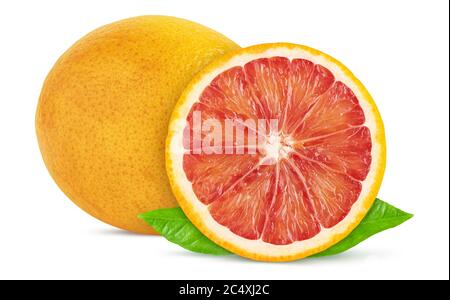 red blood orange with green leaves isolated on white background, clipping path Stock Photo