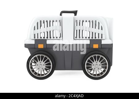 Pet Travel Plastic Cage Carrier Box on Car Wheels on a white background. 3d Rendering Stock Photo