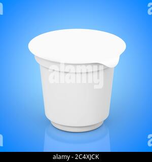 Blank White Packaging Containers for Yogurt, Ice Cream or Dessert on a blue background. 3d Rendering Stock Photo