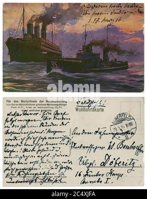 German historical postcard: A torpedo boat captures a Russian auxiliary cruiser (armed steamer) in the Gulf of Finland, Imperial German Navy, 1916 Stock Photo