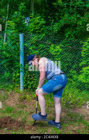 Work in the garden. Woman digs a hole for planting spruce seedlings in the garden Stock Photo