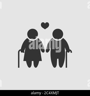 Old couple love people icon flat. Black pictogram on grey background. Vector illustration symbol Stock Vector