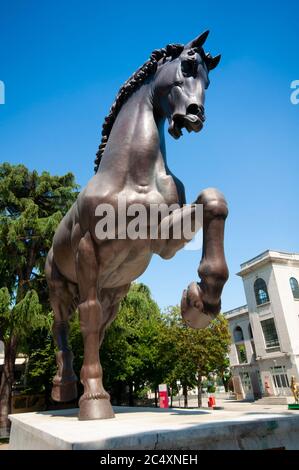 Italy, Lombardy, Milan, San Siro Hippodrome,  Bronze Equestrian Statue Drawings of Leonardo da Vinci Artist Stock Photo