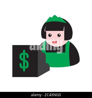 seller and cash register icon on a white isolated background. Vector image Stock Vector