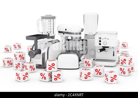 Kitchen Appliances Set. White Blender, Toaster, Coffee Machine, Meat  Ginder, Food Mixer and Coffee Grinder on a white background. 3d Rendering  Stock Photo - Alamy