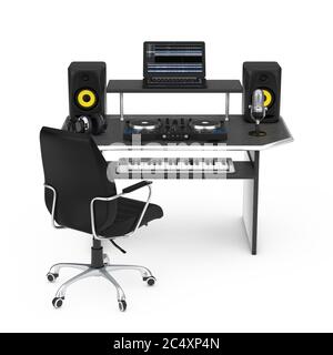 Modern Recording Music Home Studio with Electronic Equipment and Instruments on a white background. 3d Rendering Stock Photo