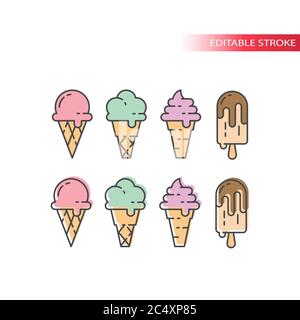 Ice cream with wafer cone colorful icon set. Ice cream pink, mint and chocolate, colorful fill, editable line icons. Stock Vector