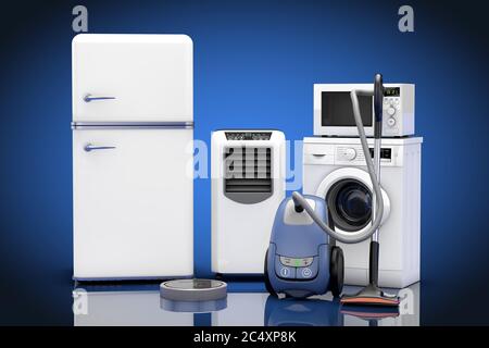 Household Appliances Set on a blue background. 3d Rendering Stock Photo