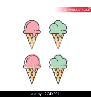Ice cream with waffle cone colorful icon set. Ice cream pink and mint, colorful fill, editable line icons. Stock Vector