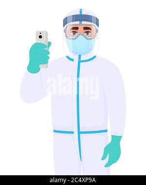 Doctor in safety protective suit clothing and holding digital temperature scan. Surgeon checking with infrared thermometer. Medical person. Stock Vector