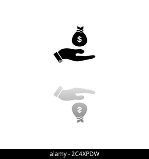 Open Palm Hold Money Bag. Black symbol on white background. Simple illustration. Flat Vector Icon. Mirror Reflection Shadow. Can be used in logo, web, Stock Vector