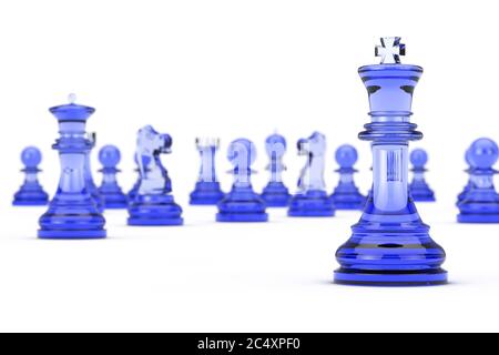 Glass King Chess in front of Many Chess Figures on a white background. 3d Rendering Stock Photo