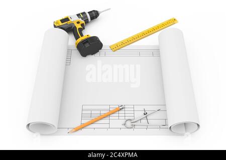 Rechargeable Cordless Drill, Pencil, Ruller and Compass Drawing with Drawing Template on a white background. 3d Rendering Stock Photo