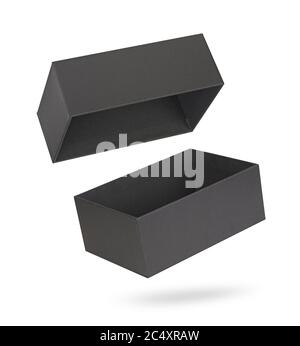 Black blank cardboard package box mockup. Isolated on white with clipping path Stock Photo